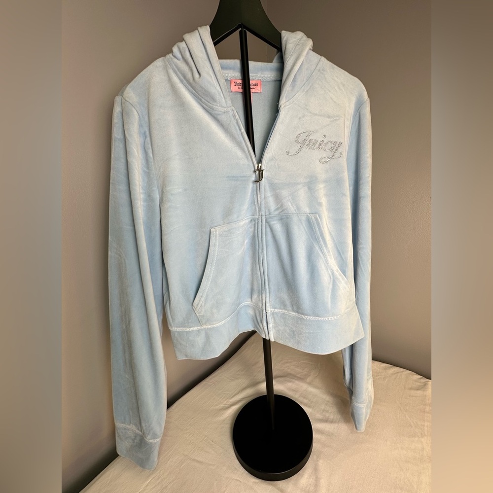 Juicy Couture Baby Blue Velour Hoodie Size XL Zip Up Rhinestone Logo Y2K